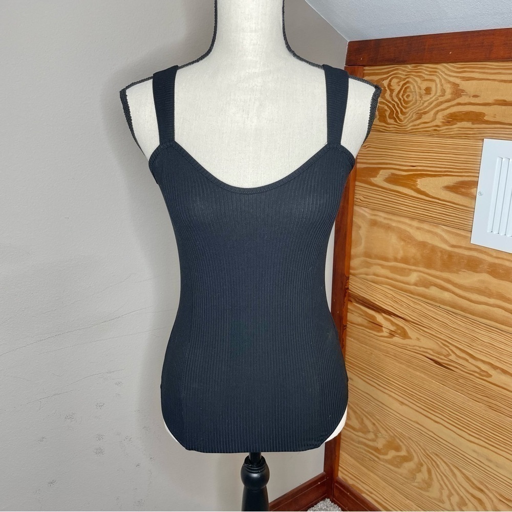 Express x Rocky Barnes Black Ribbed Scoop Neck Thong Bodysuit Extra Small NWT